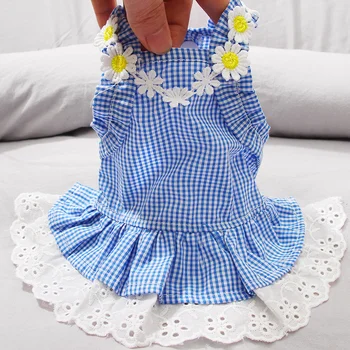 

Dog Dress Mini Blue Grid Sun Lace Skirt Spring Summer Pets Outfits Dog Clothes For Small Dog Skirt Puppy Pet Costume ZM815