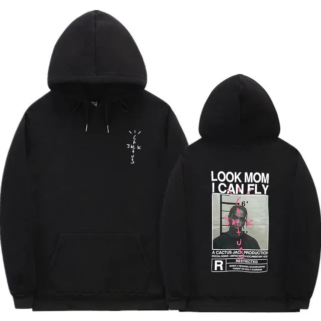 Cactus Jack Hoodie Men Women Double-sided Logo Print LOOK MOM I CAN FLY Travis Scott Hoodies Unisex Fashion Hip Hop Streetwear black