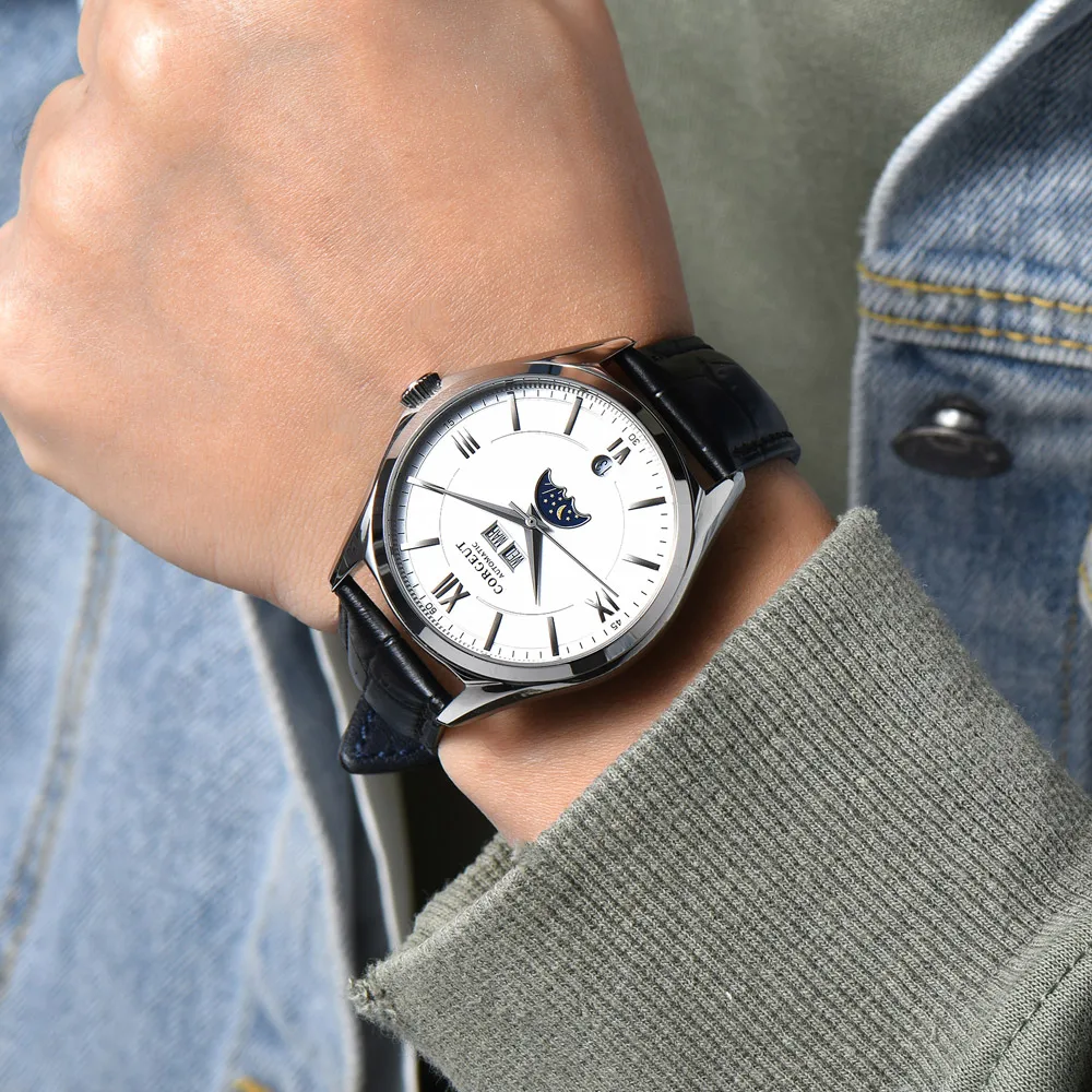  Corgeut 41mm Automatic Movement Men Watch Luxury Brand Moon Phase Date Month Waterproof Leather Str