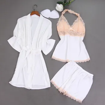 

Sexy Satin Lingerie Pajamas Lace Nightdress Silk Underwear Women Sleepwear Babydoll Nightwea With Chest Pads