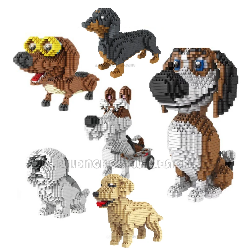 Cartoon Dog Mini Block Beagle Hound Schnauzer Bassotto Sheepdog Fai Da Te Building Brick Toy For Kids Box Gift