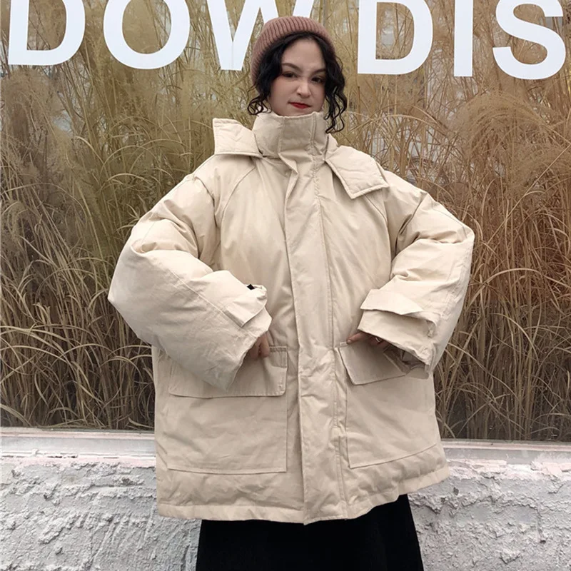 

2019 New Style Winter Women's Korean-style Loose-Fit Large Pocket Workwear Cotton-padded Clothes Mid-length Thick Cotton-padded