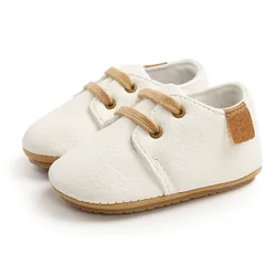 Chaussures plates antidérapantes pour nouveau né, mocassins en cuir et caoutchouc, couleur unie, style rétro simple 