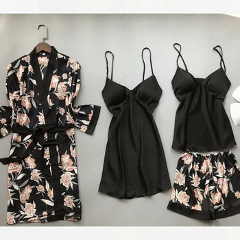 

Printing Pajamas Satin Pijama Mujer Pajama Shorts 4 Piece Sleepwear Home Clothes Silk Pjs Pyjamas Sets Robe Set Loungewear Women