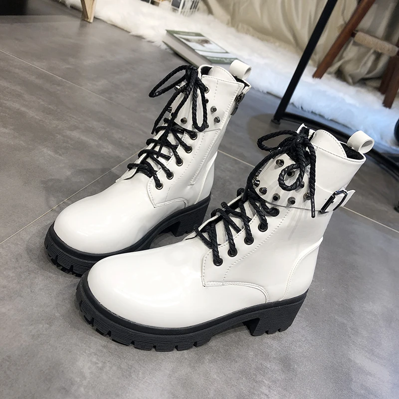 White Western Boots Cowboy Boots Women New Lace Up Leather Boots Black Ankle Boots Women Fashion Punk Combat Boots Platform