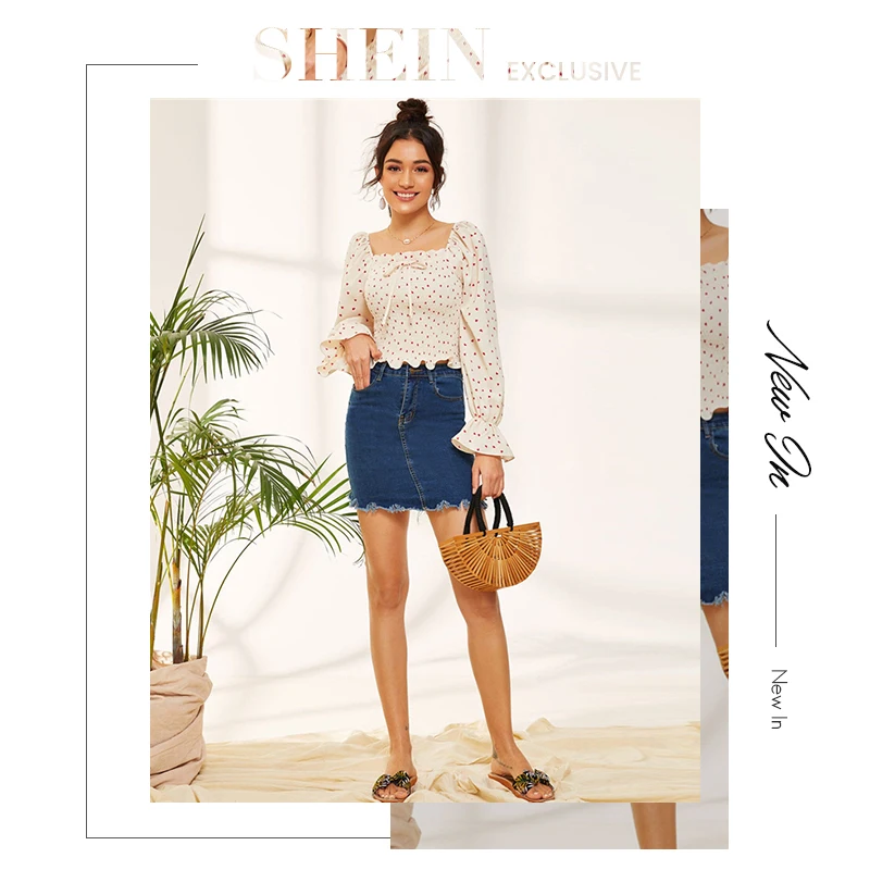 SHEIN бежевый с принтом сердца, с квадратным вырезом, укороченная блузка, топы для женщин, осень, Boho, рукав-волан, гофрированный подол, рубашки, женские блузки