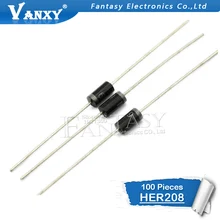 100 шт. HER208 DO-41 быстрое переключение Выпрямитель Диод 2A 1000 в