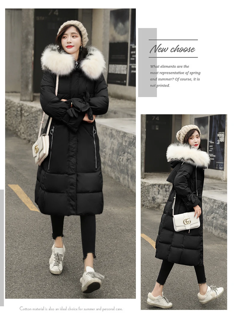 Cotton-padded Clothes Thick over-the-Knee Long Sleeve Slimming Fashion Korean-style High Imitation Large Fur Collar Bow Mid