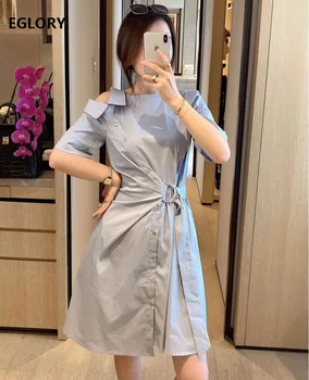 

2020 Summer Fashion Dress High Quality Women Sexy Off Shoulder Ring Belt Deco Short Sleeve Casual Long Shirt Dress White Grey