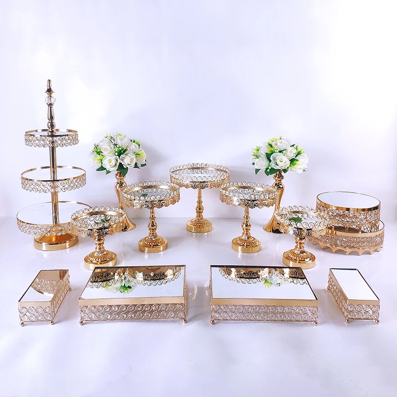 8-15Pcs Acryl Mirror Metal Cake Stand Set Round  Wedding Birthday Party Dessert Gold Cupcake Pedestal Display Plate Home Decor