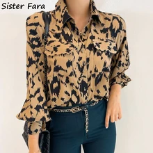 

Sister Fara 2022 Spring Autumn Leopard Loose Shirt Women's Lantern Sleeve Fashion Blouses Ladies Double Pocket Casual Blouse Top