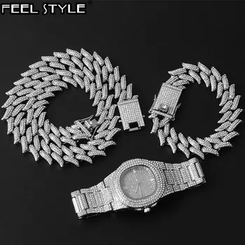 

Hip Hop 19MM 3PCS KIT Watch+Necklace+Bracelet Bling AAA+ Iced Out Alloy Rhinestones Thorns Cuban Link Chains For Men Jewelry