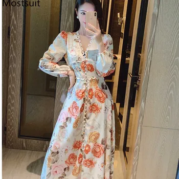 

Runway Vintage Floral Printed Long Maxi Dress Women Single-breasted V-neck Long Sleeve Pleated Dresses Elegant Fashion Vestidos