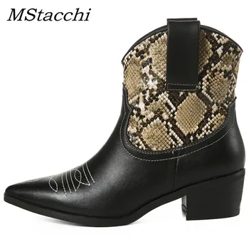 

MStacchi Women Snake Splice Genuine Leather Botines Mujer 2019 Autumn Winter Warm Ankle Boots Woman Chunky Heels Casual Shoes