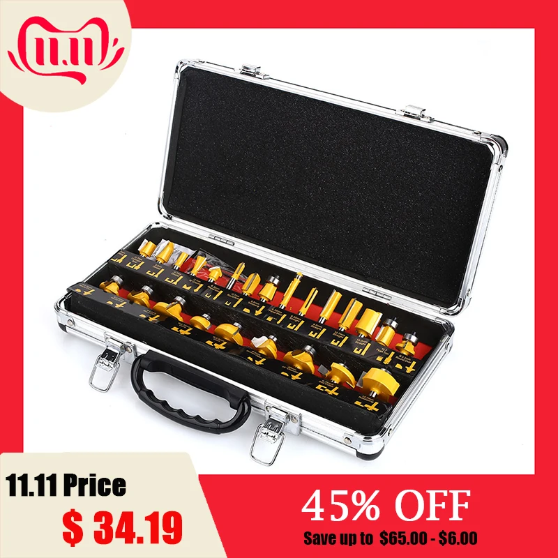 Billig 24PCS Fräser Router Bit Set Holz Fräser Hartmetall Schaft Mühle Holzbearbeitung Trimmen Gravur Carving Schneiden Werkzeuge
