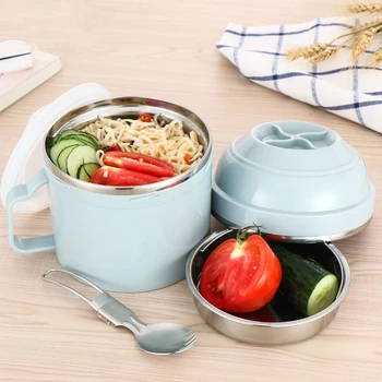 

304 stainless steel sealed lunch box with spoon snack cup Insulation anti-scalding insulation handle instant noodle cup