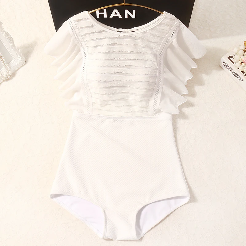 

2020 Sexy Female Retro Round Neck White Swimsuit One Piece Ruffled Backless Push Up Padded High Waist Swimwear Women