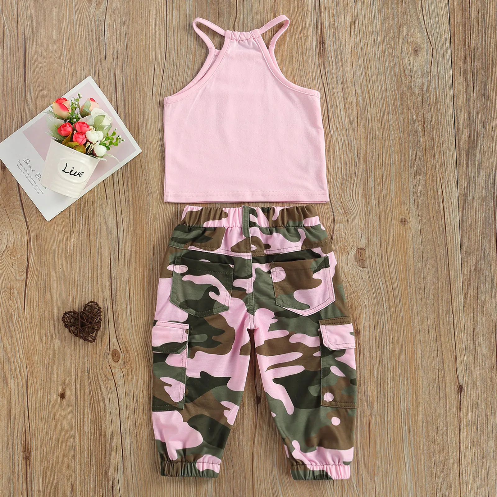 Infant Kids Baby Girl&rsquo;s 2Pcs Clothes Set Sleeveless Letter Printed High Neck Halter Tops with Camouflage Printed Long Pants kids clothing set girls clothing set