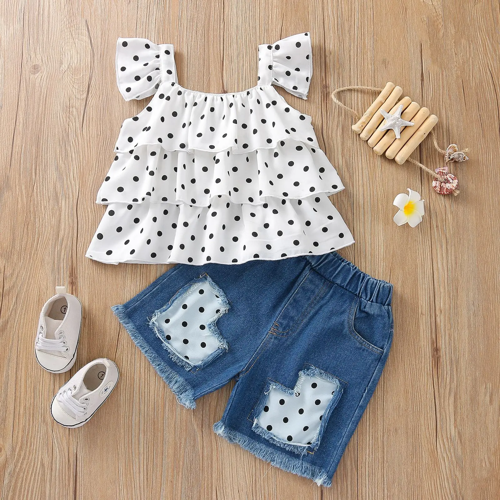 

Kids Girl Suit Baby Girls Polka Dots Print Fly Sleeve Tops +Denim Shorts Summer 2pcs Outfits Clothes sets 2022 New 3 4 5 T