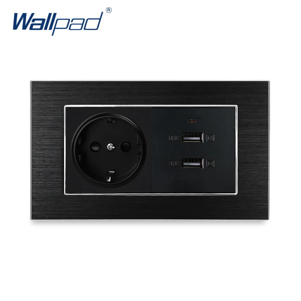 EU German Socket With 2 USB Charger Wallpad Luxury Wall Outlet Satin Metal Panel 146*86mm 5V 2100MA | Обустройство дома
