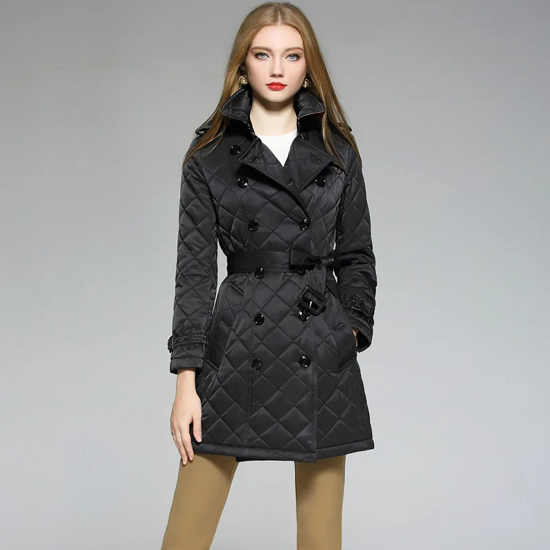 

Cotton-padded Clothes Women's Mid-length Slim Fit Ol Commuting Black And White with Pattern 2018 Winter Long Double Breasted Fol