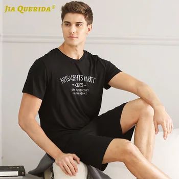 

New Modal Black Letter Printing Pajamas Set Homesuit Homeclothes Fashion Style Casual Style Short Sleeve Short Pants Crew Neck