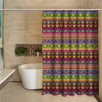 

Primitive Hotel Quality Polyester Shower Curtain Aztec Culture Pattern Borders Ornate Tribal Animal Figures
