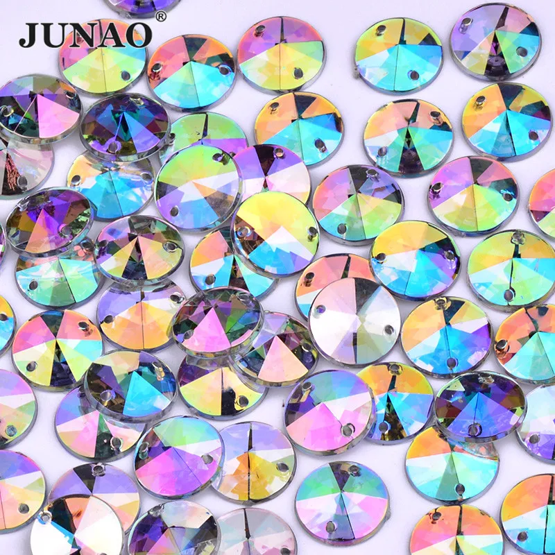 

JUNAO 10mm Round Crystal AB Color Sew on Rhinestone Beads Rivoli Sewing Stones Flat Back Acrylic Strass for Needlework Craft