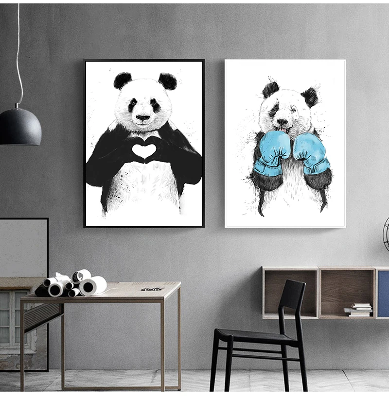 Prints Panda Heart Gesture Boxing Wall Art Posters Nursery Picture for Kids Room Decor Baby Room Cute Animal Canvas Painting