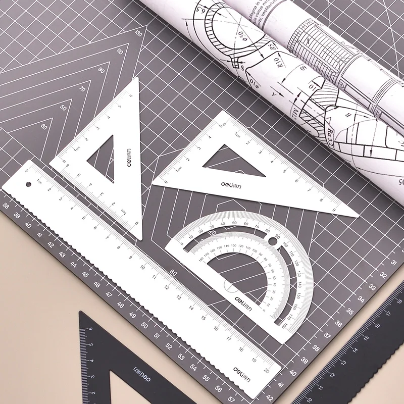 DELI Metal Ruler 20cm Set Stationery for Students Straightedge Triangle Ruler with Wave Line Protractor Compass Triangle Plate