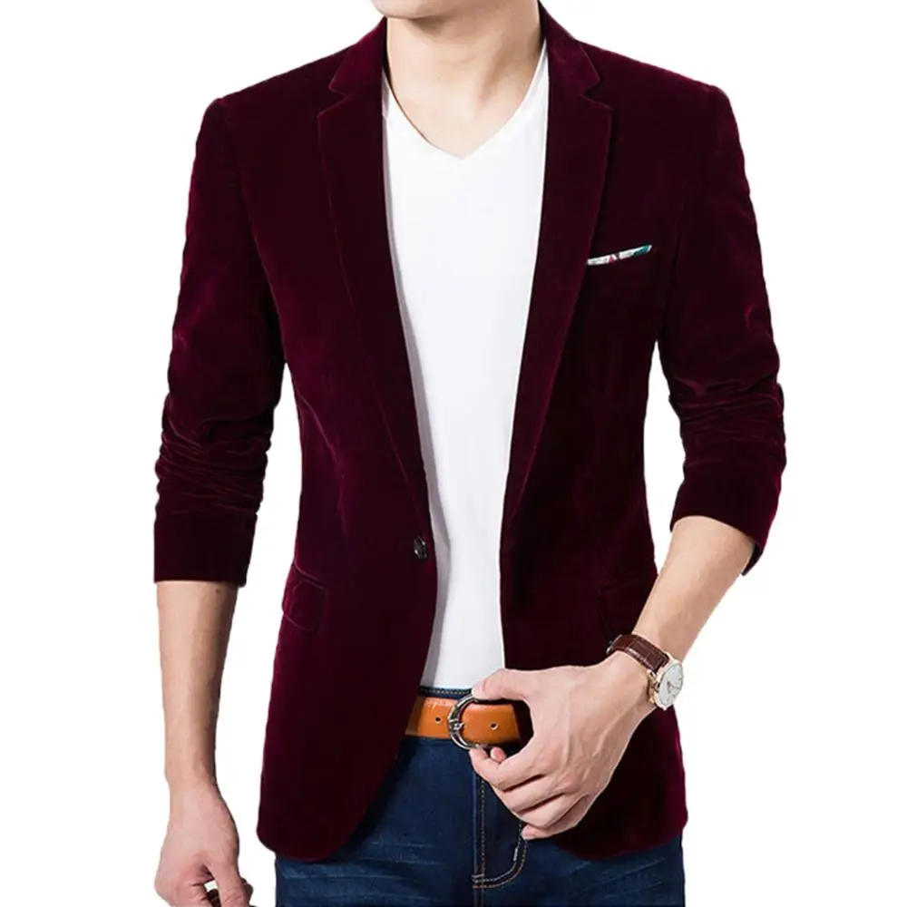 Корейский мужской блейзер, повседневный мужской осенний пиджак с длинным рукавом, воротник с лацканами, пуговицы, карманы, Декор, Бархатный Тонкий Блейзер, пиджак, вечерние платья - Цвет: Wine Red