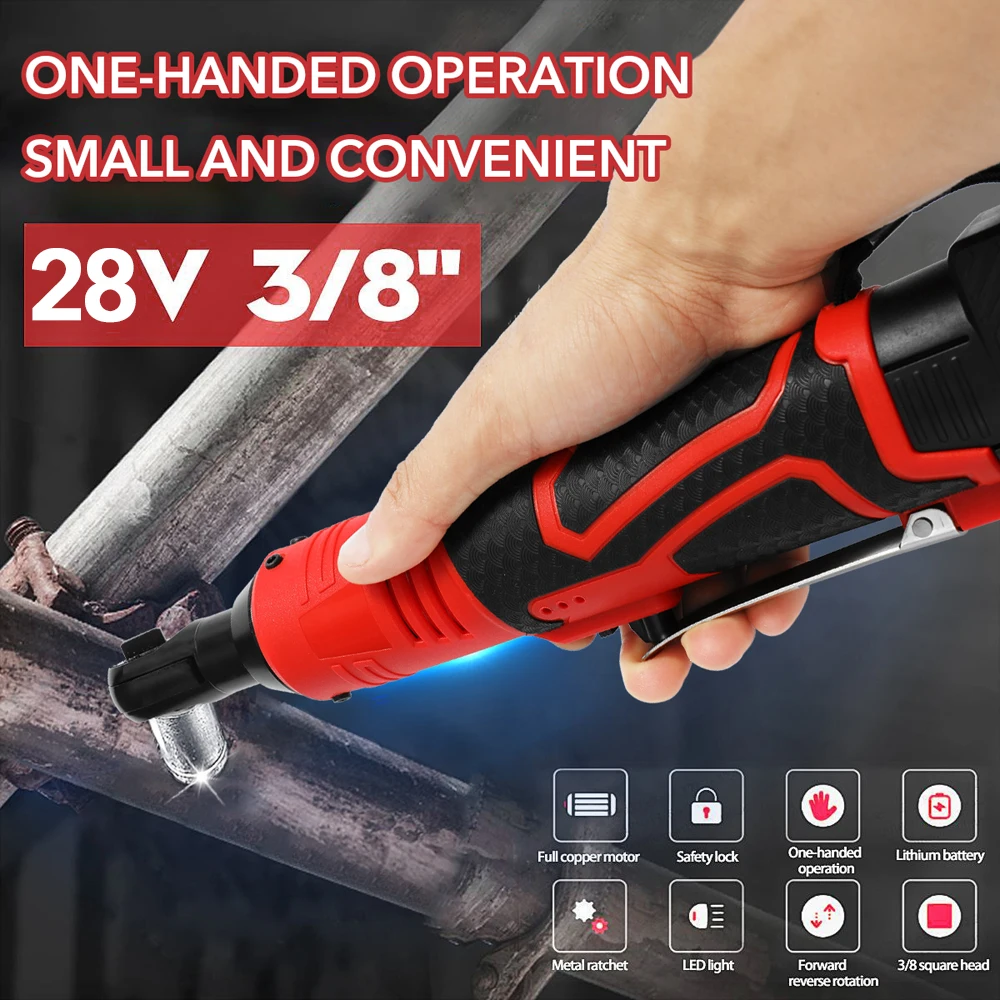 

Portable 3/8" 28V Handled Cordless Rechargeable Electric Wrench 3/8 Inch Right Angle Electric Ratchet Wrenches with LED Light