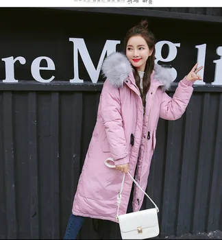 

Long Fashion Solid Winter Jacket Women Hooded Pockets Loose Winter Parka Feminina Warm Fur Collar Plus Size Woman Coats
