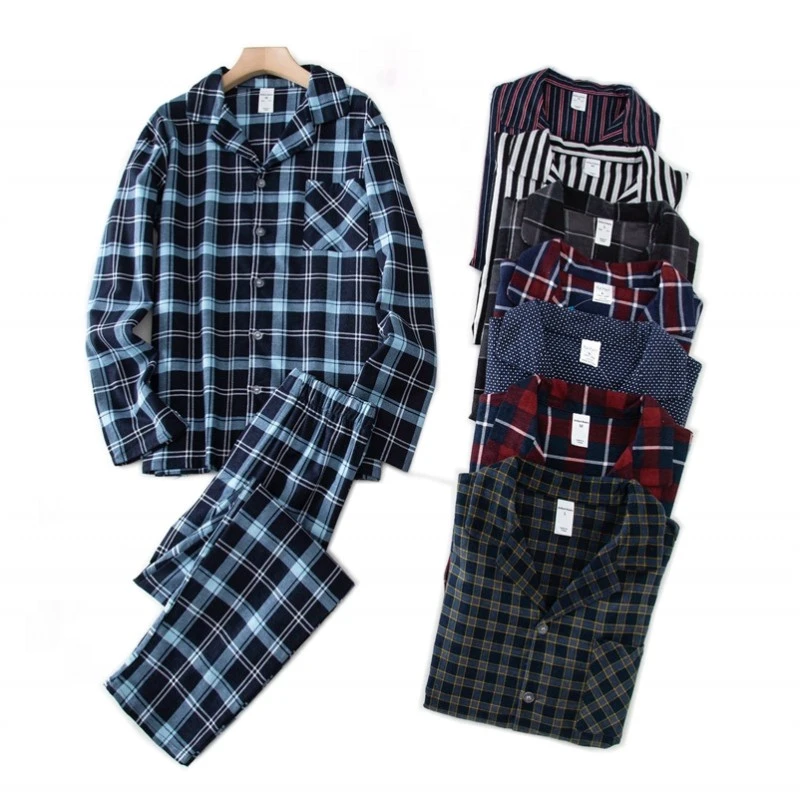 mens silk pajamas Spring Autumn Pijamas Men Casual Plaid Pajama sets Male 100% Cotton Sleepwear suit Long Sleeve Turn-down collar shirt &Pants mens sleepwear set