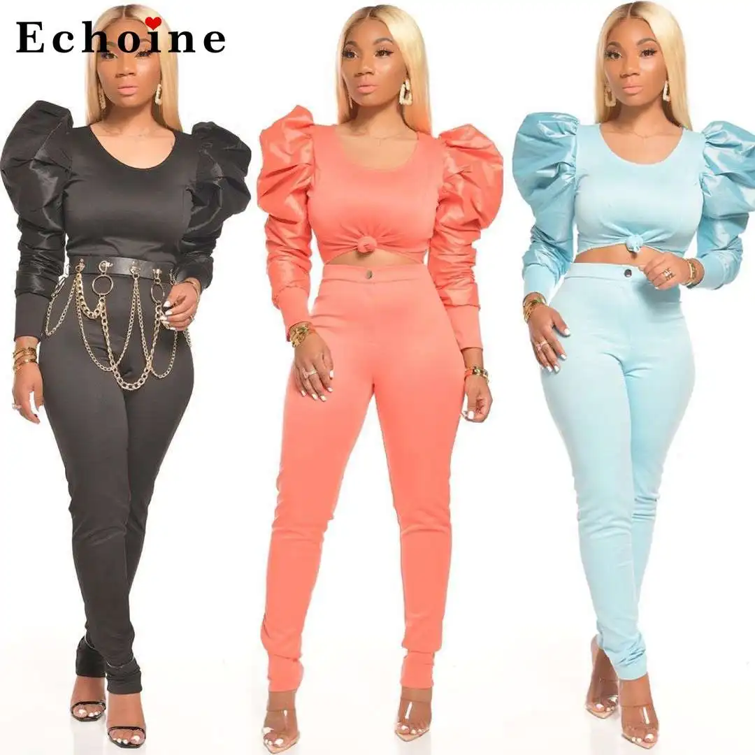 

Sexy Women Puff Sleeve Stitching Solid Color Two-Piece Set Long Pencil Pants Elegant Ladies T-Shirt Suits Slim Casual Outerwear