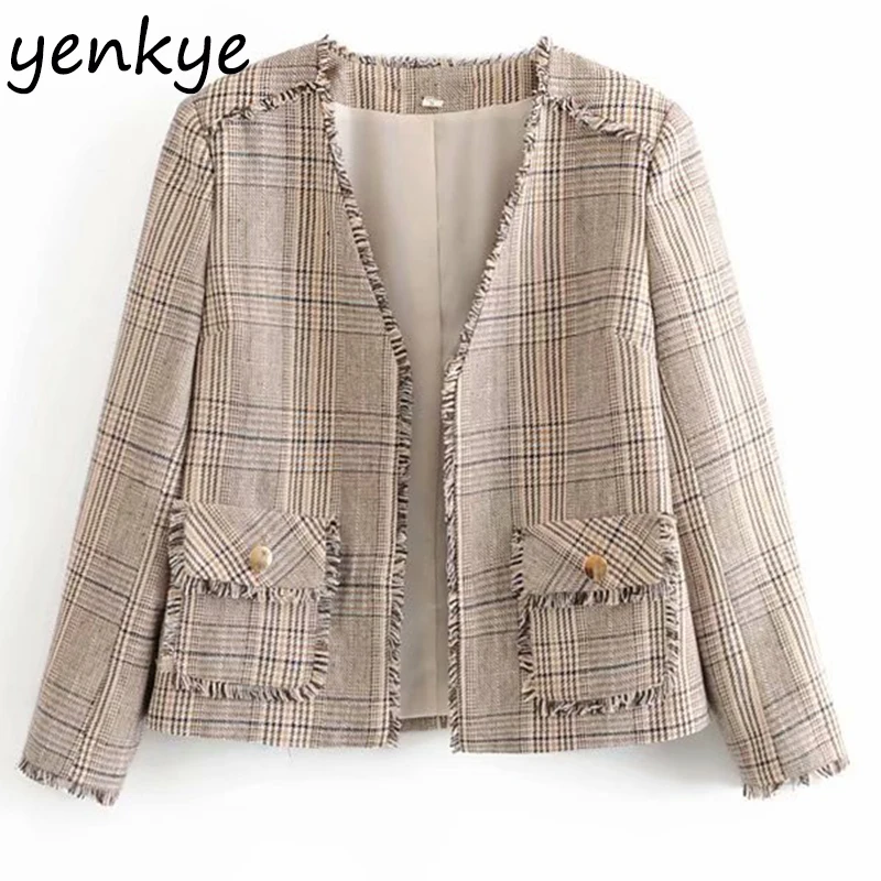 

Autumn Women Frayed Trim Vintage Plaid Blazer mujer Long Sleeve V Neck Cardigan Elegant Suits Work Wear Office Blazes AAZZ9509