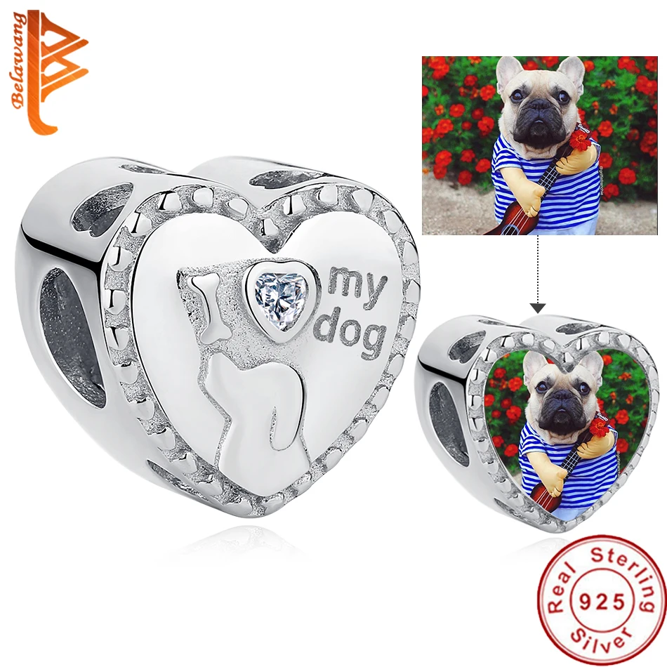 Charm de Plata de Ley 925 con foto personalizada, amuleto de perro bonito, Animal, apto para pulseras Pandora, collares, fabricación de joyería