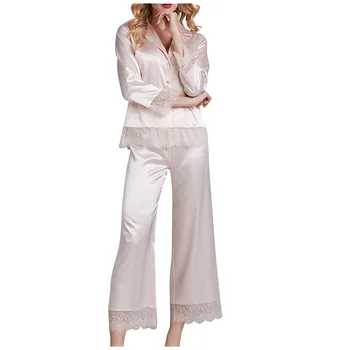 

Spring Printing Pattern Women Pajama Set Rayon Sleepwear Long Sleeve Trousers Two Paper Suit #35