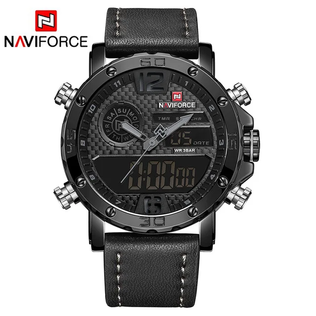 black gray NAVIFORCE мужские часы Топ люксовый бренд мужские кожаные спортивные часы мужские кварцевые светодиодный цифровые часы водонепроницаемые военные наручные часы - Цвет: black gray