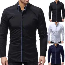 Мужская Однотонная рубашка с длинным рукавом и отложным воротником, хлопковая тонкая деловая рубашка