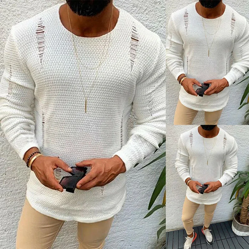 Suéter rasgado de algodón para hombre, ropa de punto cálida de invierno, suéter de moda informal de manga larga con cuello redondo, suéter rasgado