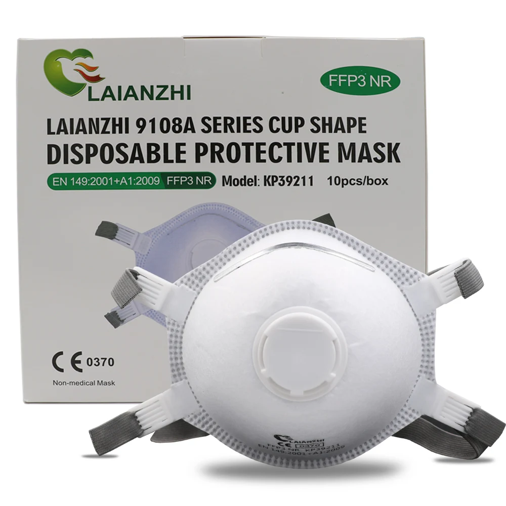 Boîte contenant 10 masques FFP3 en forme de coupe, vue d'ensemble