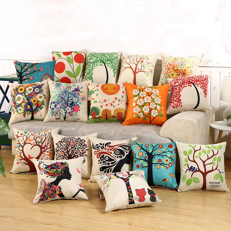

SJ 45*45cm Cartoon Tree Flower Pillowcases Vintage Decorative Pillows Case Linen Throw Pillow Covers Polyester funda almohada