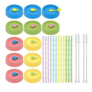 

1Set Mouth Mason Jar Lids For Ball, Kerr, Etc With Hole/Straws/Silicone Stoppers/Clean Brush, Food Storage Caps