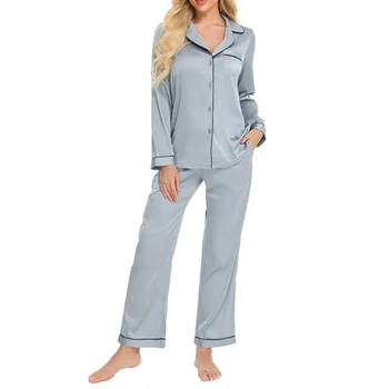 

Women's Sleepwear Sets Female Casual Pajamas Sets Ladies Satin Solid Color Lapel Collar Long Sleeve Tops Plus Long Pants Sets