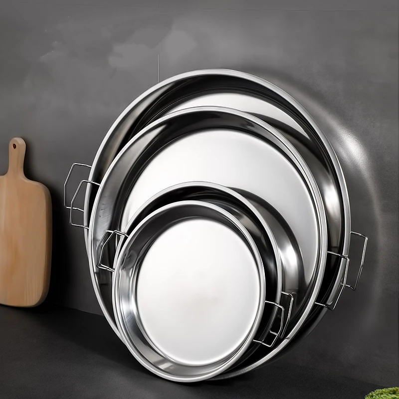Food storage pan metal storage tray stainless steel cold noodle making dish round steamed rice serving tray kitchen dumpling cake pastry storage pan with ears plate