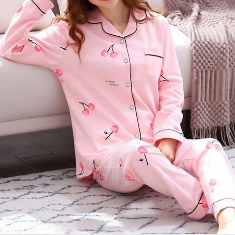 

Cotton Pajamas 2Pcs Set Women Sleepwear Spring Summer Print Long Sleeve Nightwear Female Homewear Plus Size Pijama Mujer 2XL
