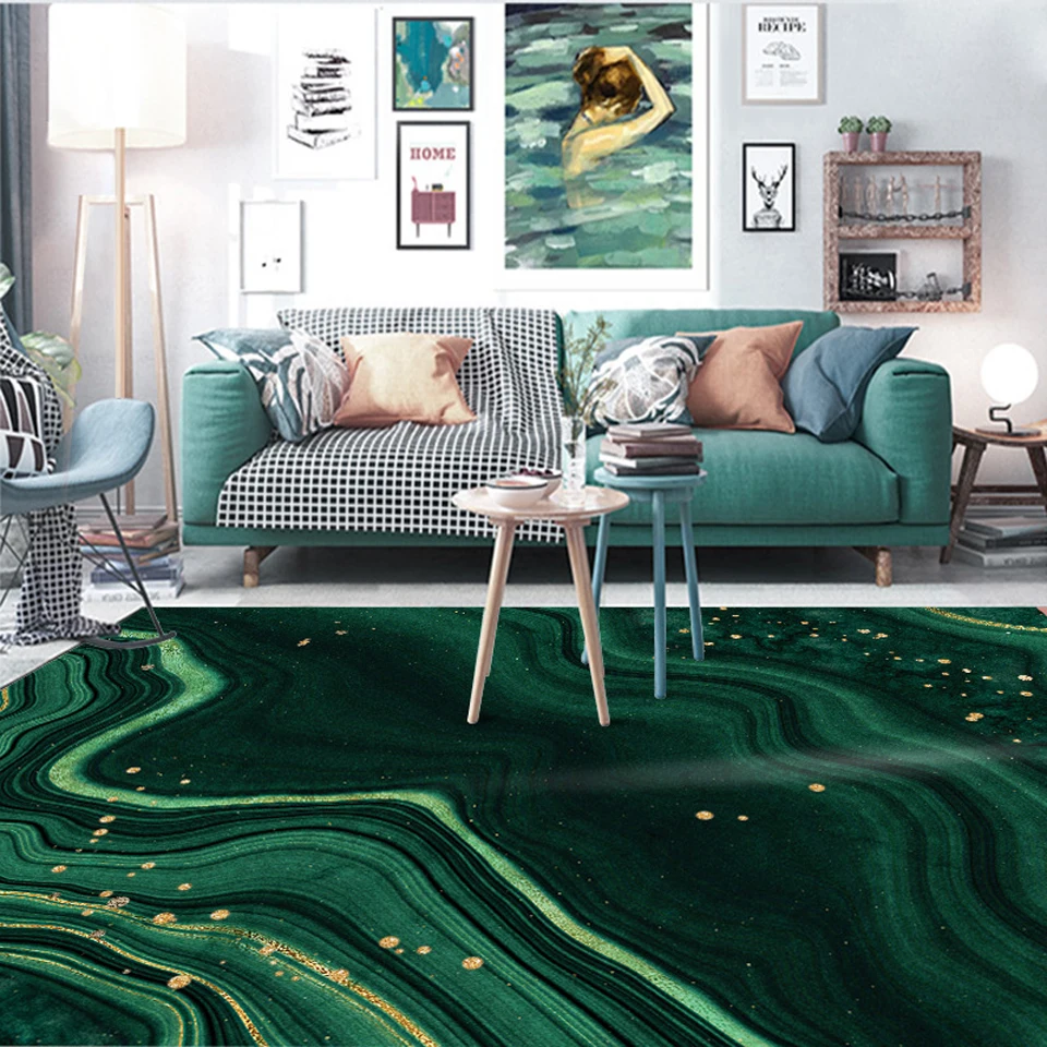 Dark Green Geometry Floor Rug 3D Carpet Living Room Modern Euro Luxury Gold Rock Pattern Printer For Home Bedroom Bedside | Дом и сад