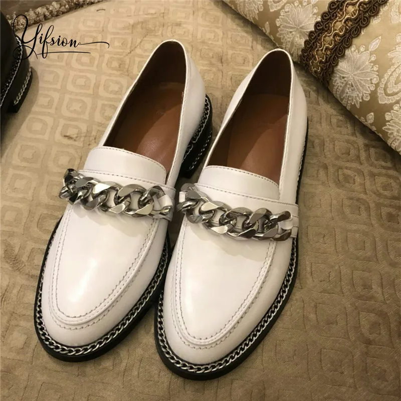 

OLOME New Fashion Spring Autumn Genuine Leather Women Pumps Round Toe Metal Chain Chunky Low Heel Ladies Pumps Shoes Woman