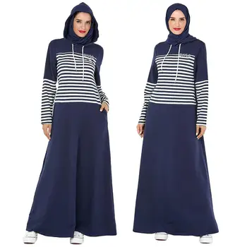 

Islamic Women Hooded Maxi Dress Long Sleeve Jilbab Kaftan Stripes Patchwork Dubai Casual Arab Sports Middle East Ramadan Fashion